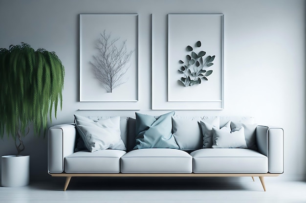 A group of mock up poster frame in modern interior wall top of couch with some tree living room