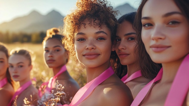 a group of models with pink ribbons are posing for a photo