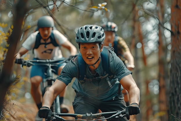 Group of Mongolian Men Riding Mountain Bikes in a Forest on a Difficult Dirt Track