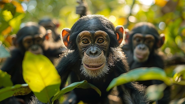 a group of monkeys are all smiling and one is wearing a mask