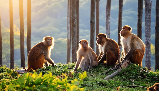 a group of monkeys sit in the woods one of them is looking at the camera