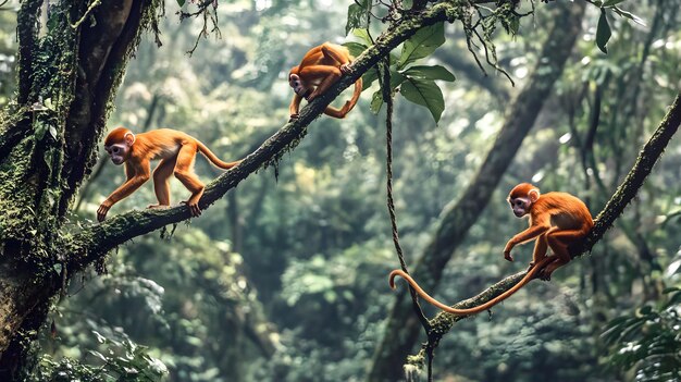 Photo a group of monkeys in a tree with the word orangutan on the branch