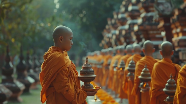 Photo a group of monks are standing in a line some of them holding incense