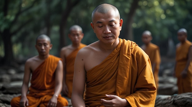 Photo a group of monks sitting in a row one of which is wearing a red shirt