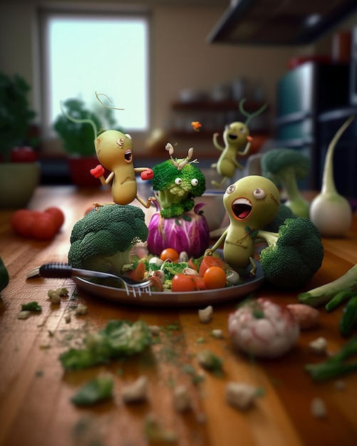 A group of monsters are sitting on a table with vegetables and broccoli.