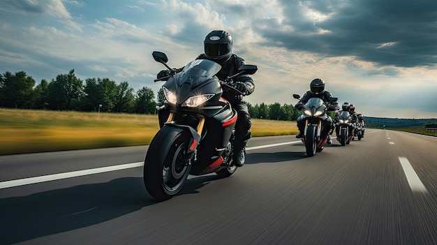 A group of motorcyclists ride sports bikes at fast speeds on an empty road against a beautiful cloudy sky