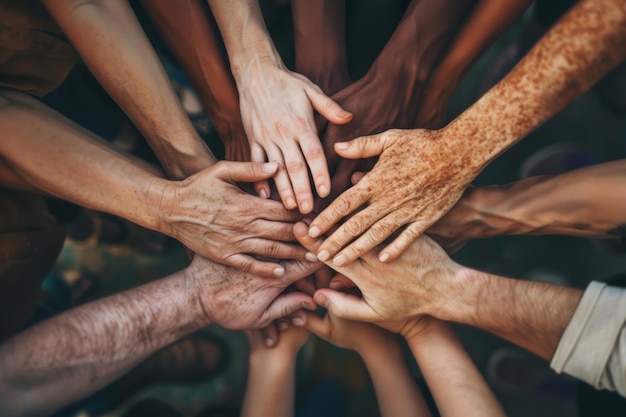 A group of multicultural people with their hands together diverse community teamwork