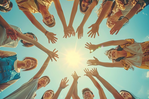 Photo group of multiethnic asian men and women standing in a circle holding and raise hands together