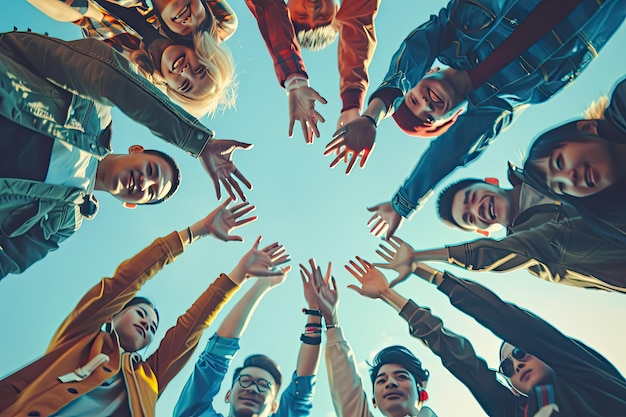 Photo group of multiethnic asian men and women standing in a circle holding and raise hands together