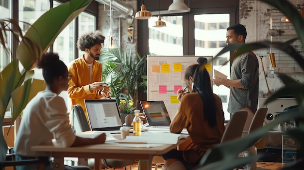 A group of multiethnic business professionals having a meeting in a modern office space