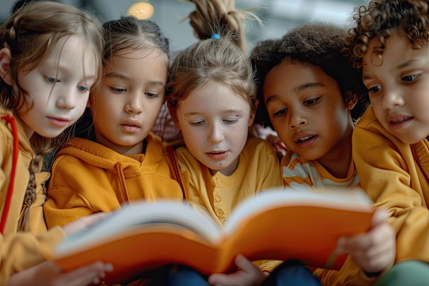 Photo group of multiethnic children reading a book together at school