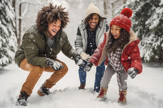 Group of multiethnic friends having fun in winter park They are playing with snow