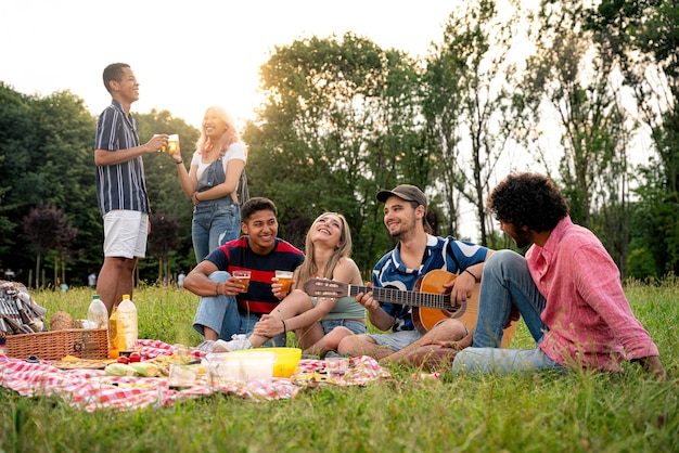 Group of multiethnic teenagers spending time outdoor on a picnic at the park