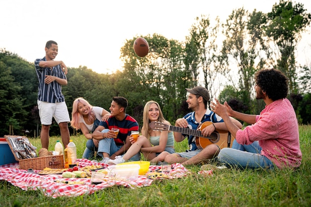 Group of multiethnic teenagers spending time outdoor on a picnic at the park