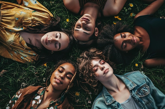 Group of multiracial friends having fun looking up lying on the grass in a circle