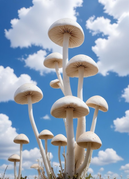 a group of mushrooms are on a blue sky background