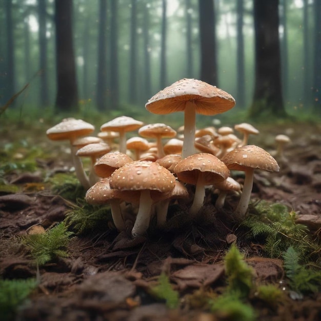 a group of mushrooms are on the ground in the forest