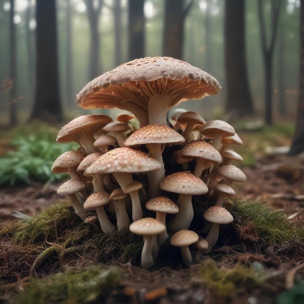 a group of mushrooms are growing in a forest in the fall