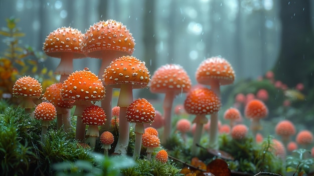 a group of mushrooms are growing in the forest with rain drops on them