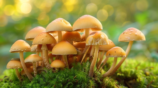 a group of mushrooms are growing on a mossy log