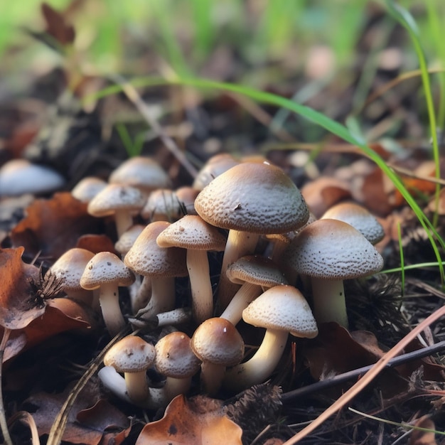 A group of mushrooms are growing in the woods.