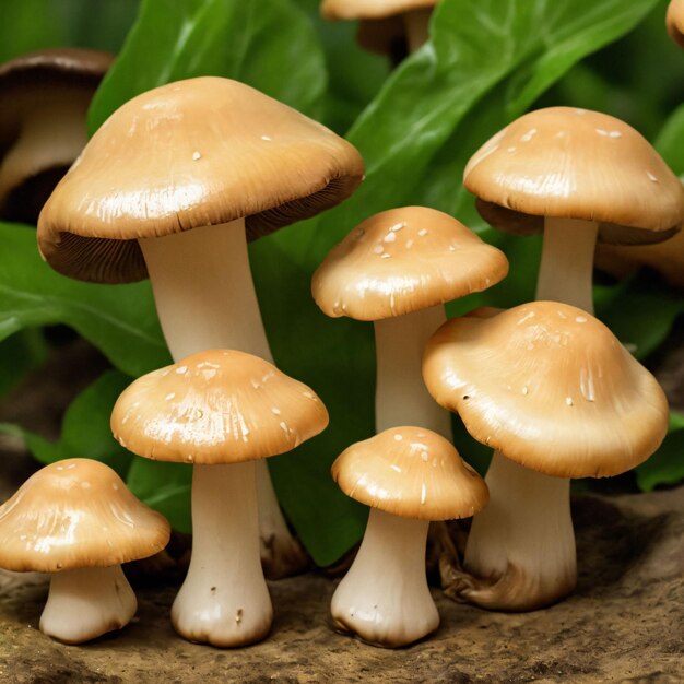 A group of mushrooms are on a log with green leaves.