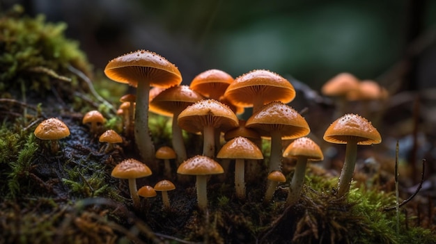 A group of mushrooms are on a mossy log.