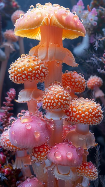 a group of mushrooms are in a tank with pink flowers