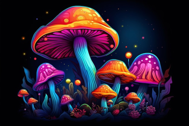 a group of mushrooms in a dark sky