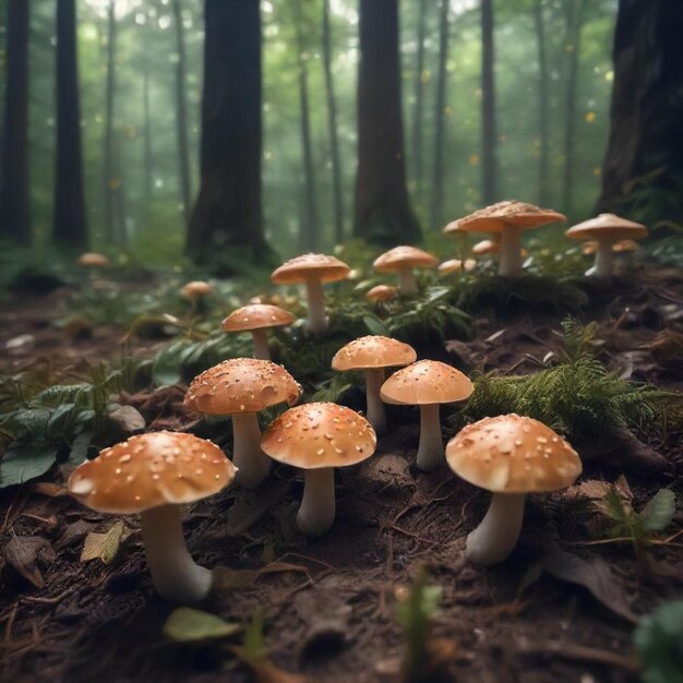 a group of mushrooms in the forest with a forest background