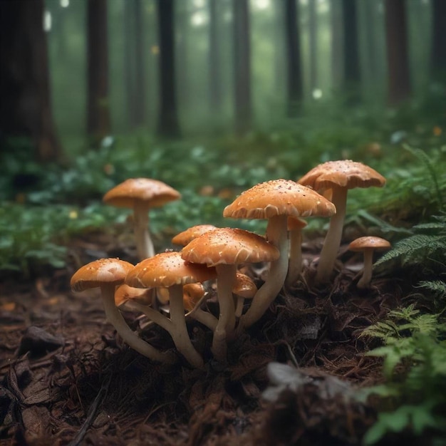 a group of mushrooms in the forest with the sun shining through the trees