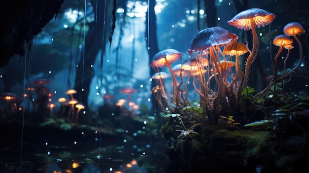 a group of mushrooms in a forest