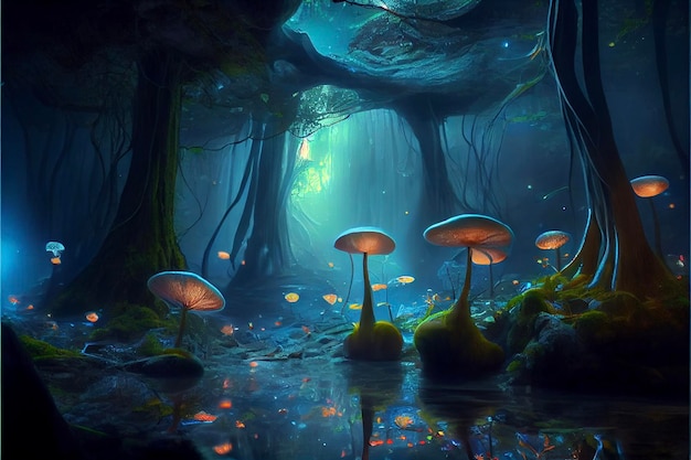 Group of mushrooms sitting in the middle of a forest generative ai