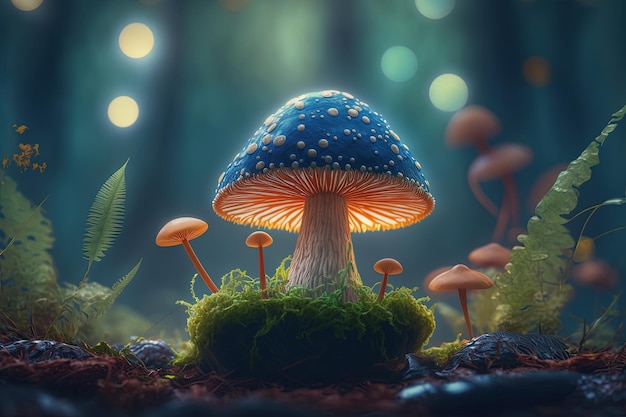 A group of mushrooms sitting on top of a lush green field generative AI