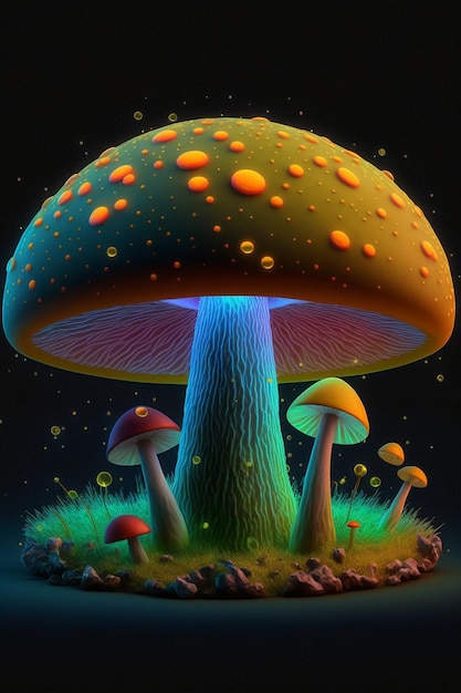 Group of mushrooms sitting on top of a lush green field generative ai