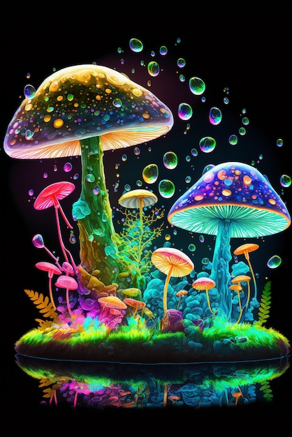 Group of mushrooms sitting on top of a lush green field generative ai