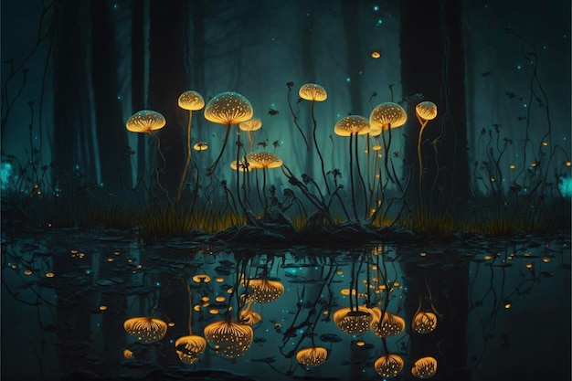 Group of mushrooms sitting on top of a lush green forest generative ai