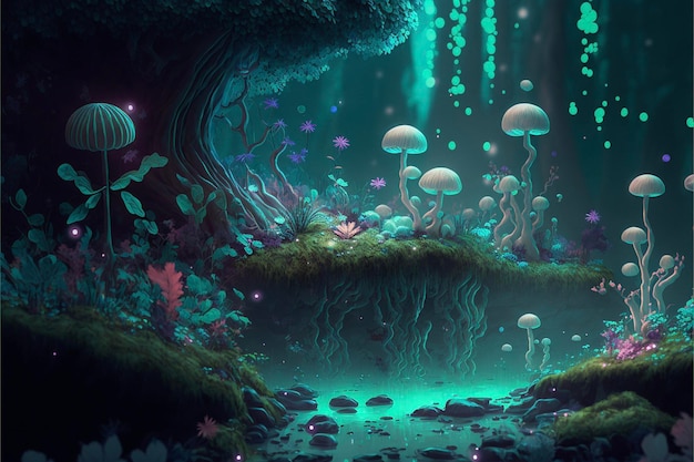 Group of mushrooms sitting on top of a lush green forest generative ai