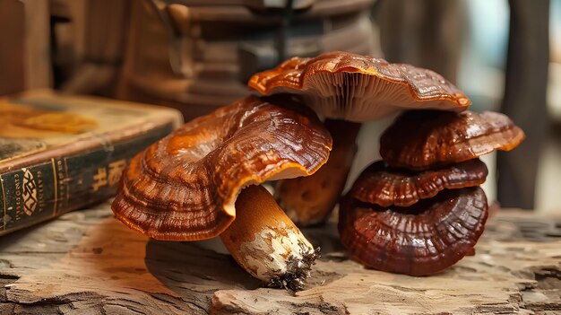 A group of mushrooms sitting on top of a table next to a book and a knife on a table professional