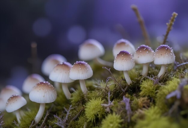 Photo a group of mushrooms that are on a mossy log