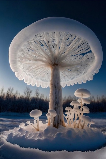 Group of mushrooms that are standing in the snow generative ai