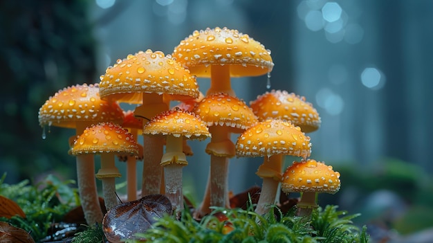 a group of mushrooms with raindrops on them are growing on a tree