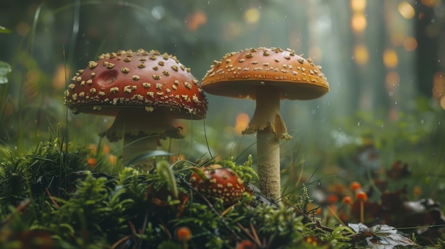 a group of mushrooms with a red spot on the top