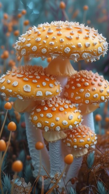 a group of mushrooms with white dots on them are shown