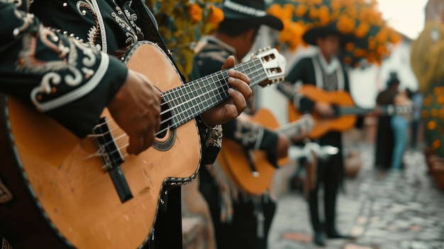 A group of musicians playing guitars on a street