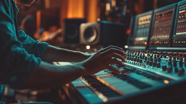 Group of musicians rehearsing together in a recording studio copy space