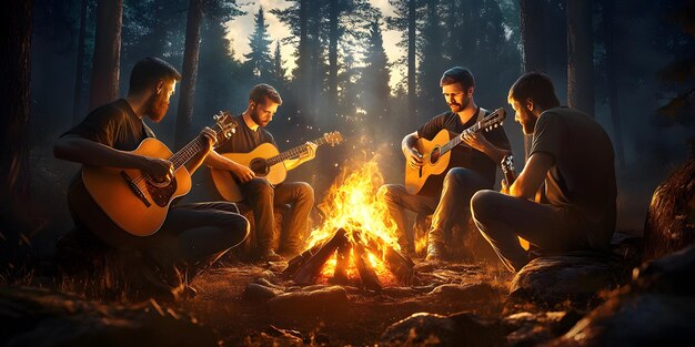 Photo a group of musicians sit around a fire and sing