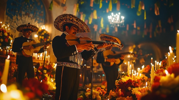 Photo a group of musicians with a band playing music in front of a wall of flowers