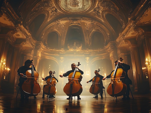 a group of musicians with a clock on the top of the ceiling