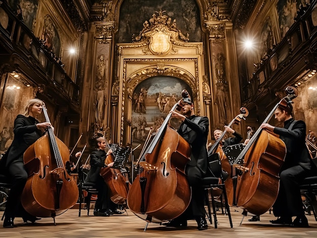 a group of musicians with a large painting of a man playing the cello